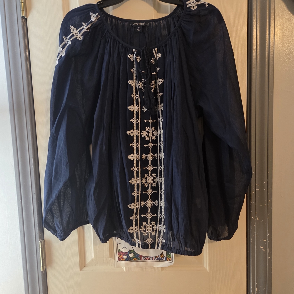 Lucky Brand Dark Blue Blouse with White Embroidery